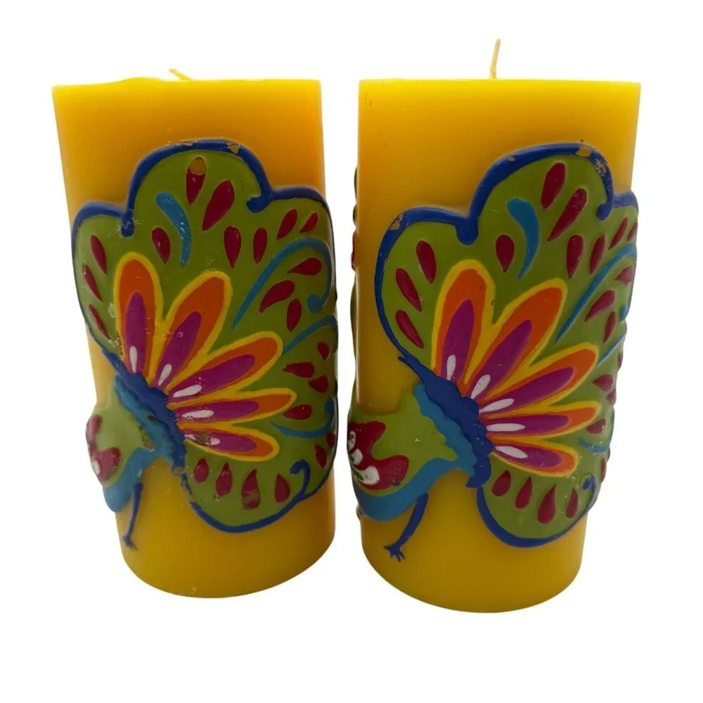 Pier 1 yellow peacock pillar candles set of two summer home decor lake house